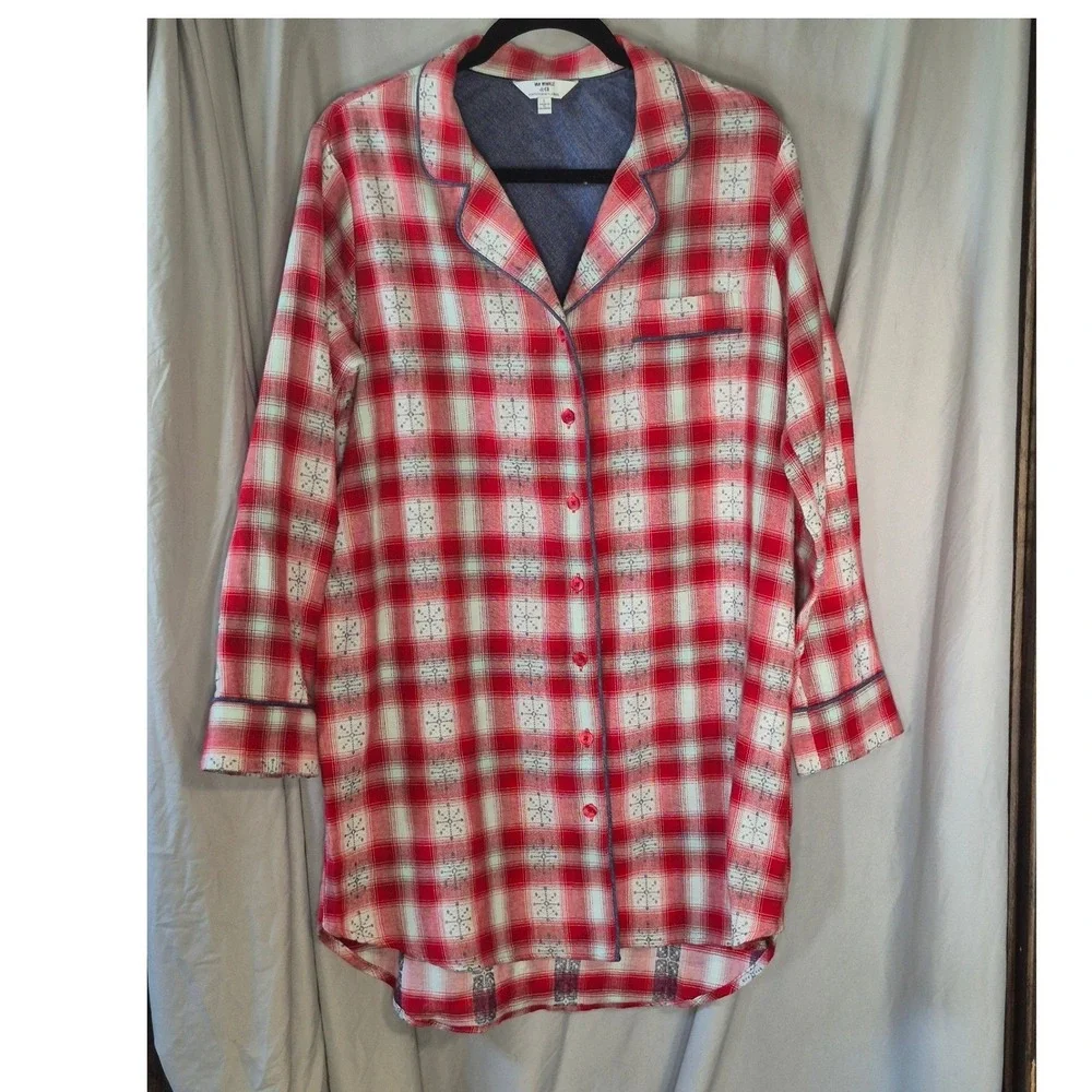 Van Winkle & Co Womens Red Plaid Snowflake Portuguese Flannel Sleep Shirt Large
